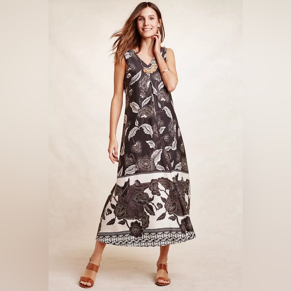 Anthropologie Floreat | Soha Gray White Floral Maxi Dress Linen Blend